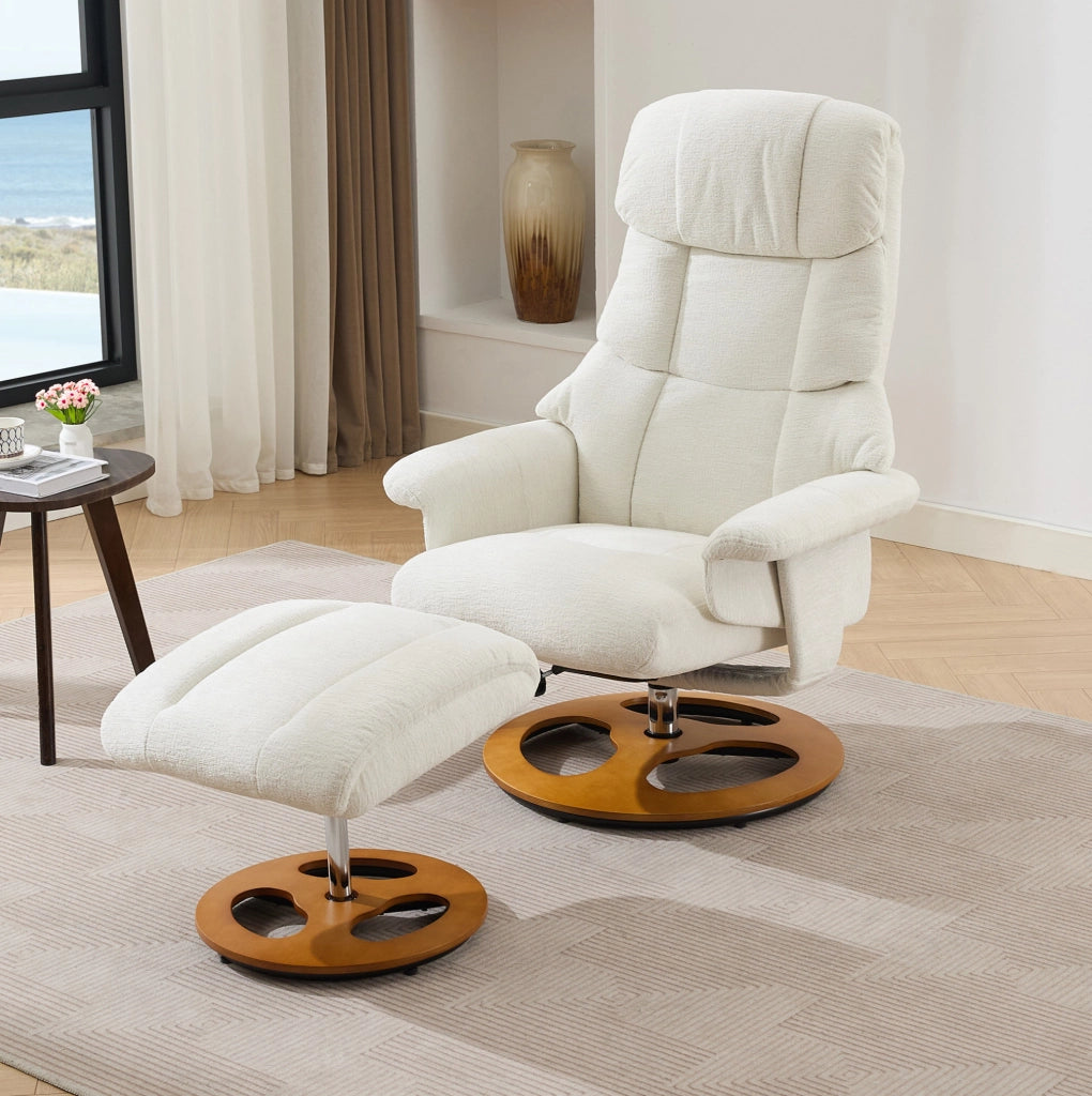 Poltrona relax con funzione massaggio e riscaldamento, girevole 360°, rivestita in tessuto chenille bianco, con poggiapiedi