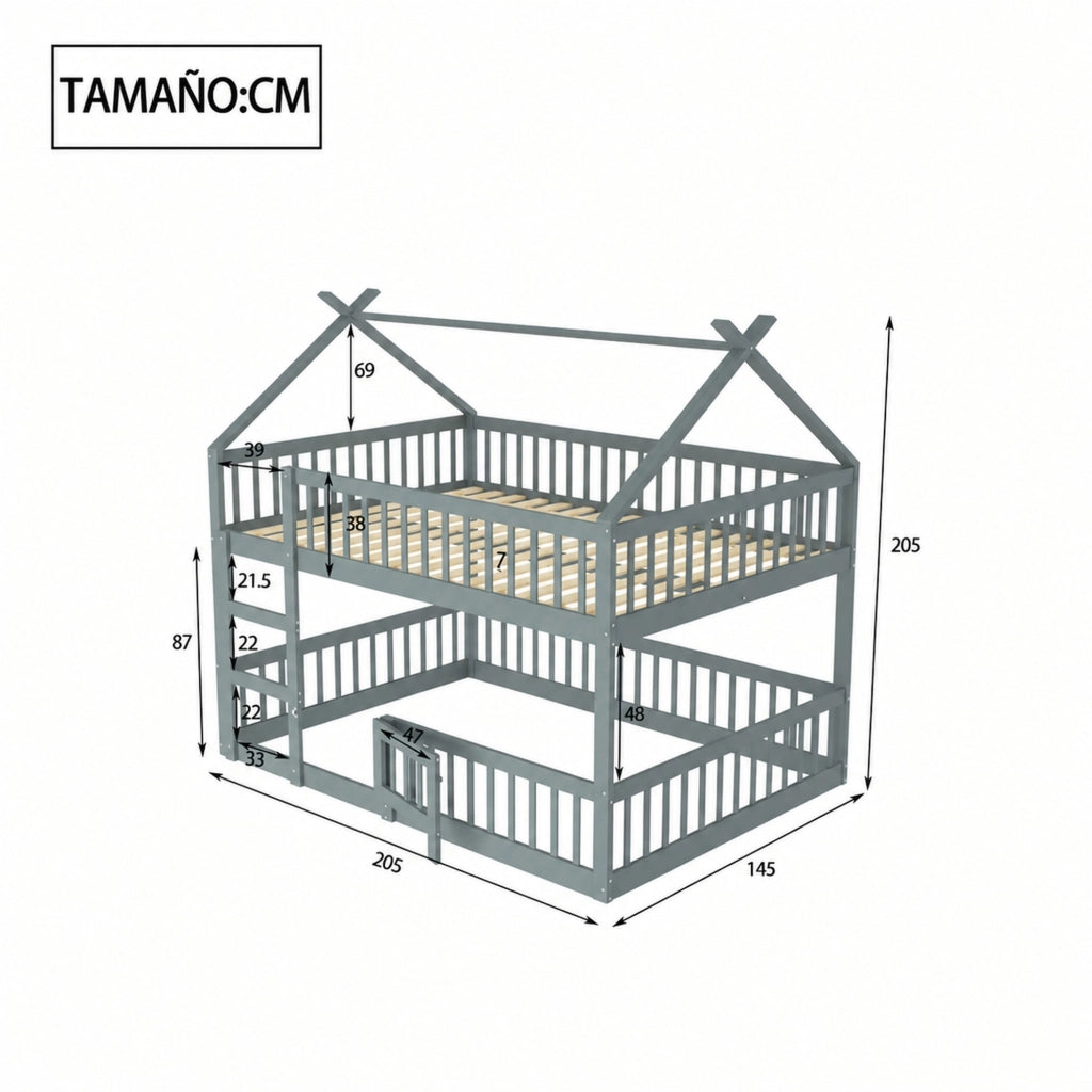 Letto a castello per bambini 140 × 200 cm con scala in legno grigio porta apribile e sponde alte