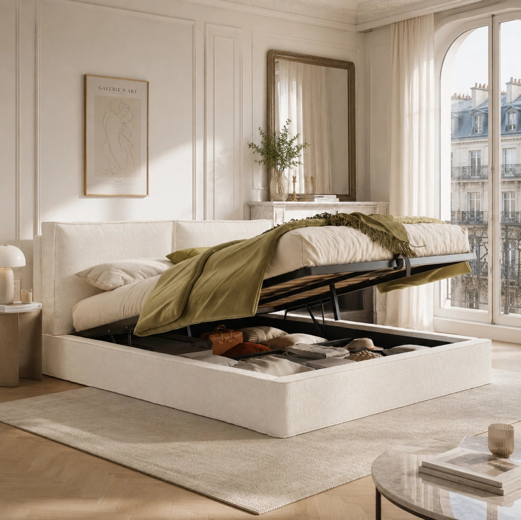 Letto matrimoniale imbottito YEAVIO 180x200 cm con contenitore idraulico e rete a doghe, beige bouclé