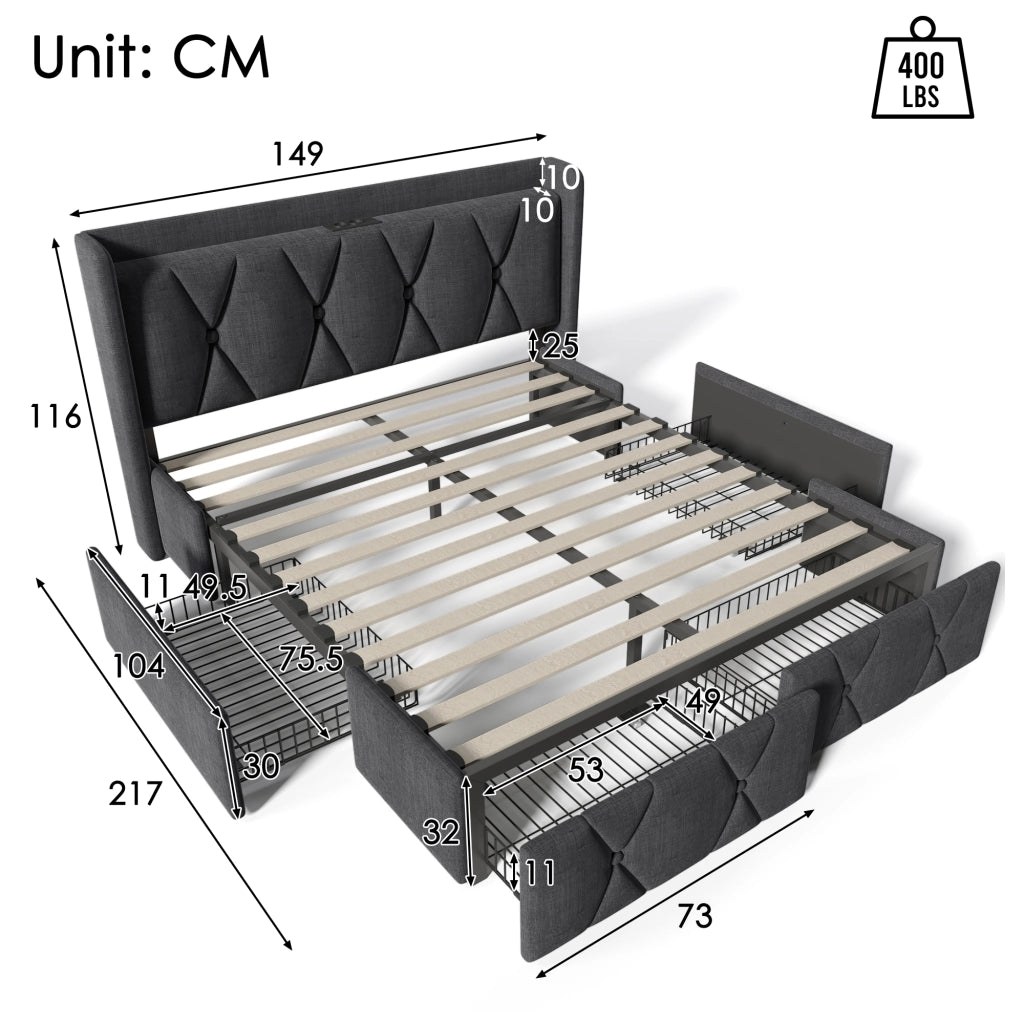 Letto 140 x 200 cm con 4 cassetti e testiera USB, lino grigio, rete a doghe