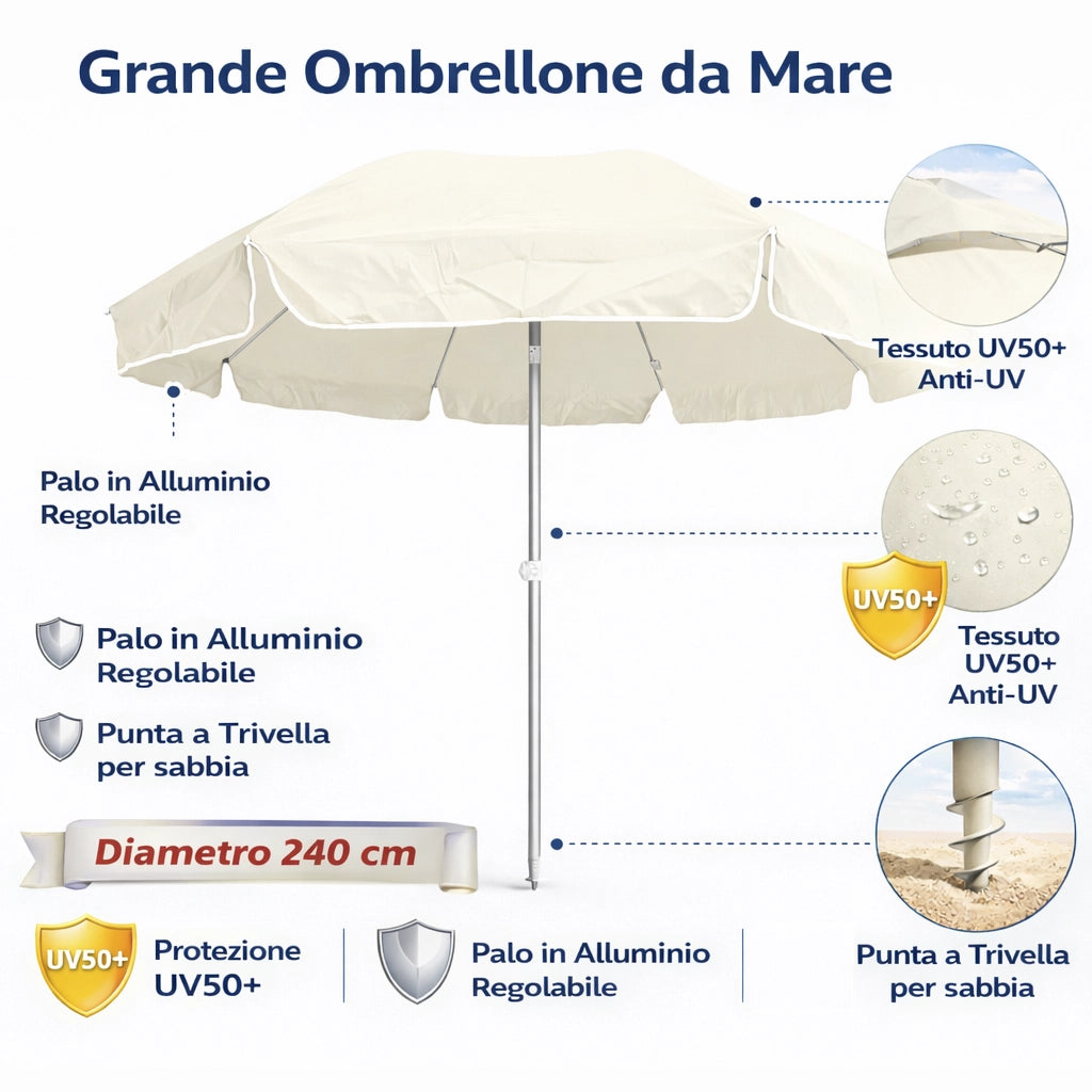 Ombrellone Mare Spiaggia 240 cm Antivento Alluminio UV50+ Inclinabile con Custodia e Trivella
