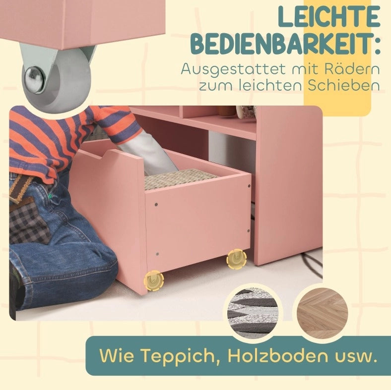 Libreria per bambini rosa con cassetto e 5 vani, 60x29,9x90 cm
