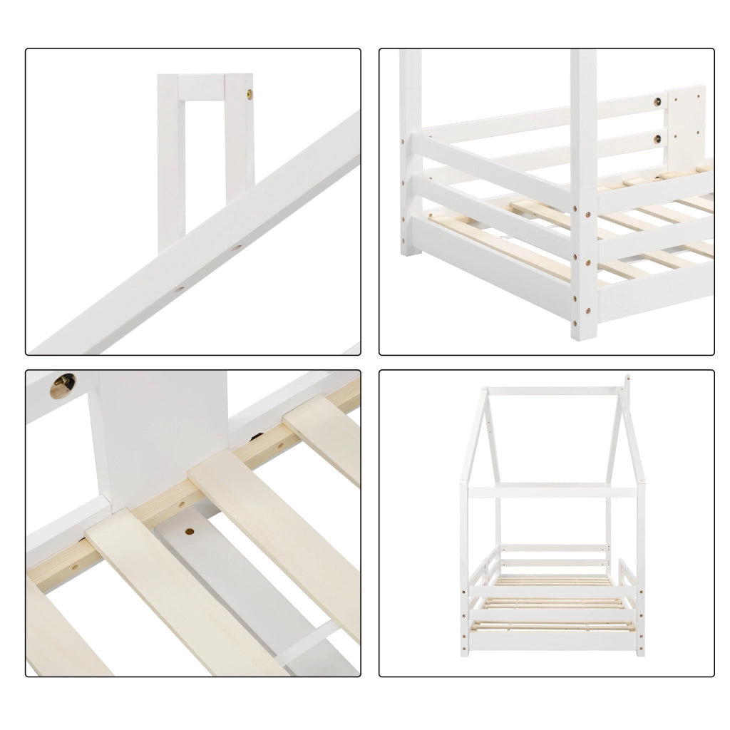 Letto a casetta per bambini 90 x 200 cm con sponde di sicurezza e rete a doghe, struttura in pino massello bianco, materasso non incluso
