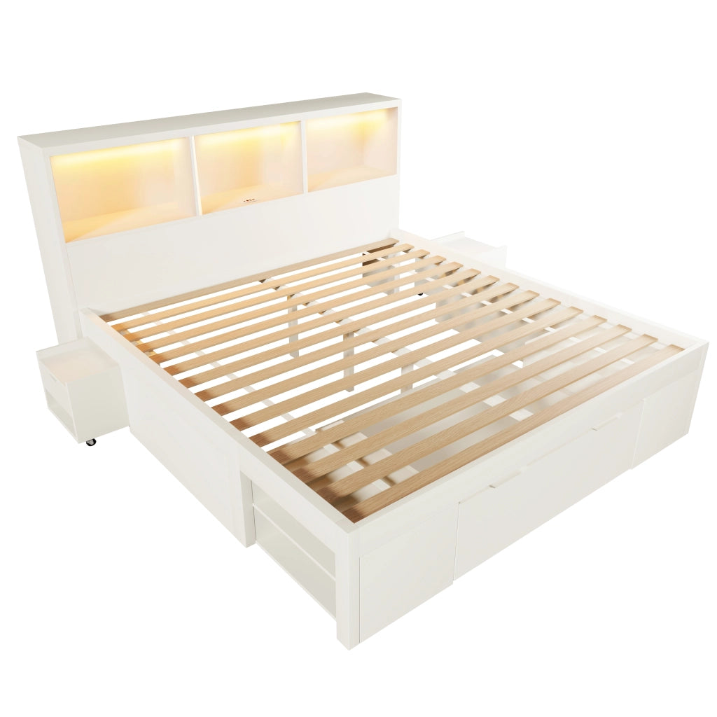 Letto matrimoniale 140x190 cm bianco con LED; USB; cassetto e due comodini mobili