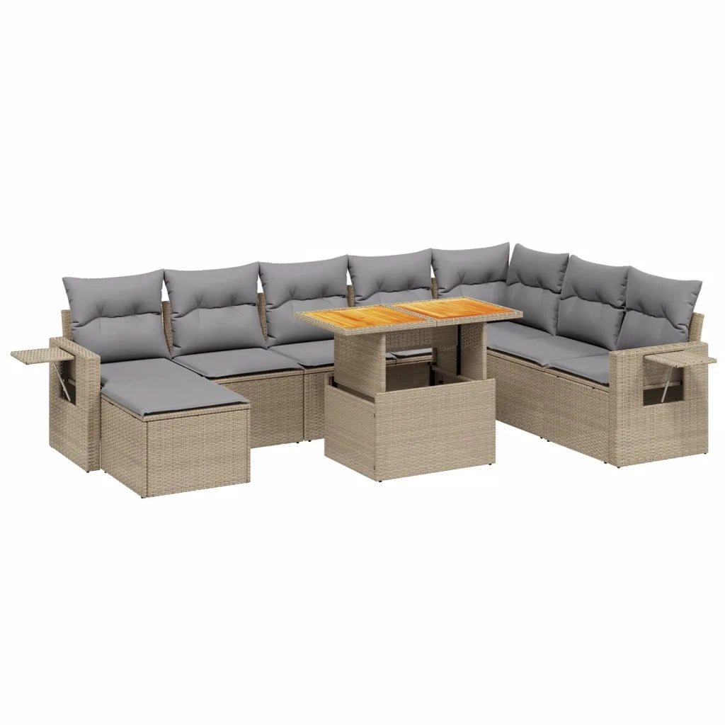 Set Divano da Giardino 9 pz con Cuscini Beige in Polyrattan