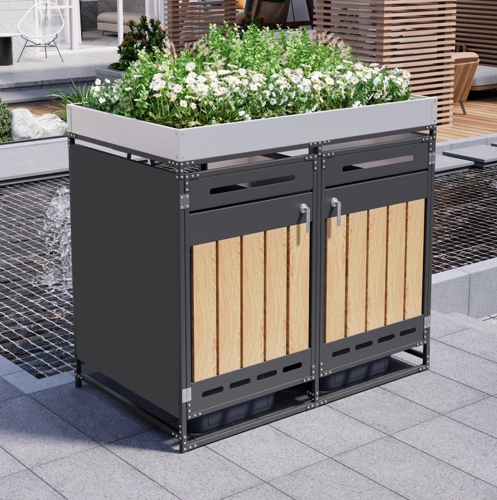 Box portabidoni da esterno a 2 scomparti con fioriera integrata in ferro; nero