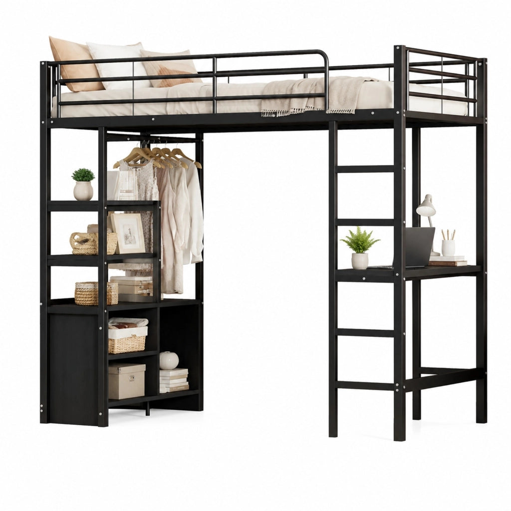Letto a soppalco 90 × 200 cm con scrivania prese USB scaffali struttura in metallo e MDF nero