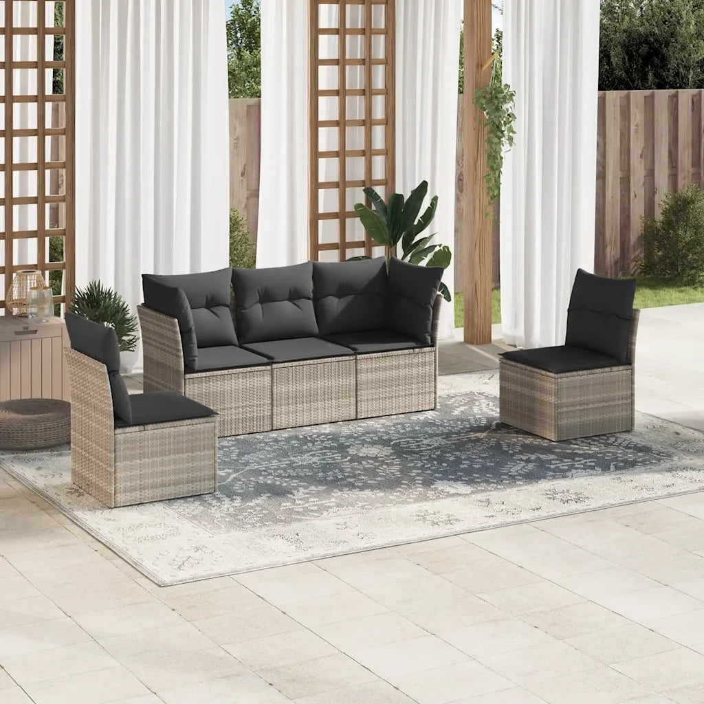 Set Divano da Giardino 5pz | Set Salotto da Giardino con Cuscini Grigio Chiaro Polyrattan
