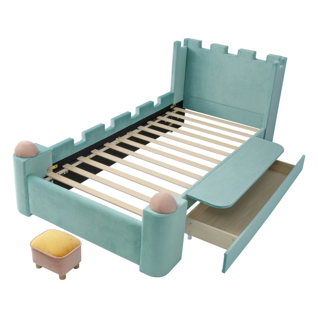 Letto singolo 90 × 200 cm con cassetto estraibile e ripiano laterale pieghevole in velluto francese blu verde