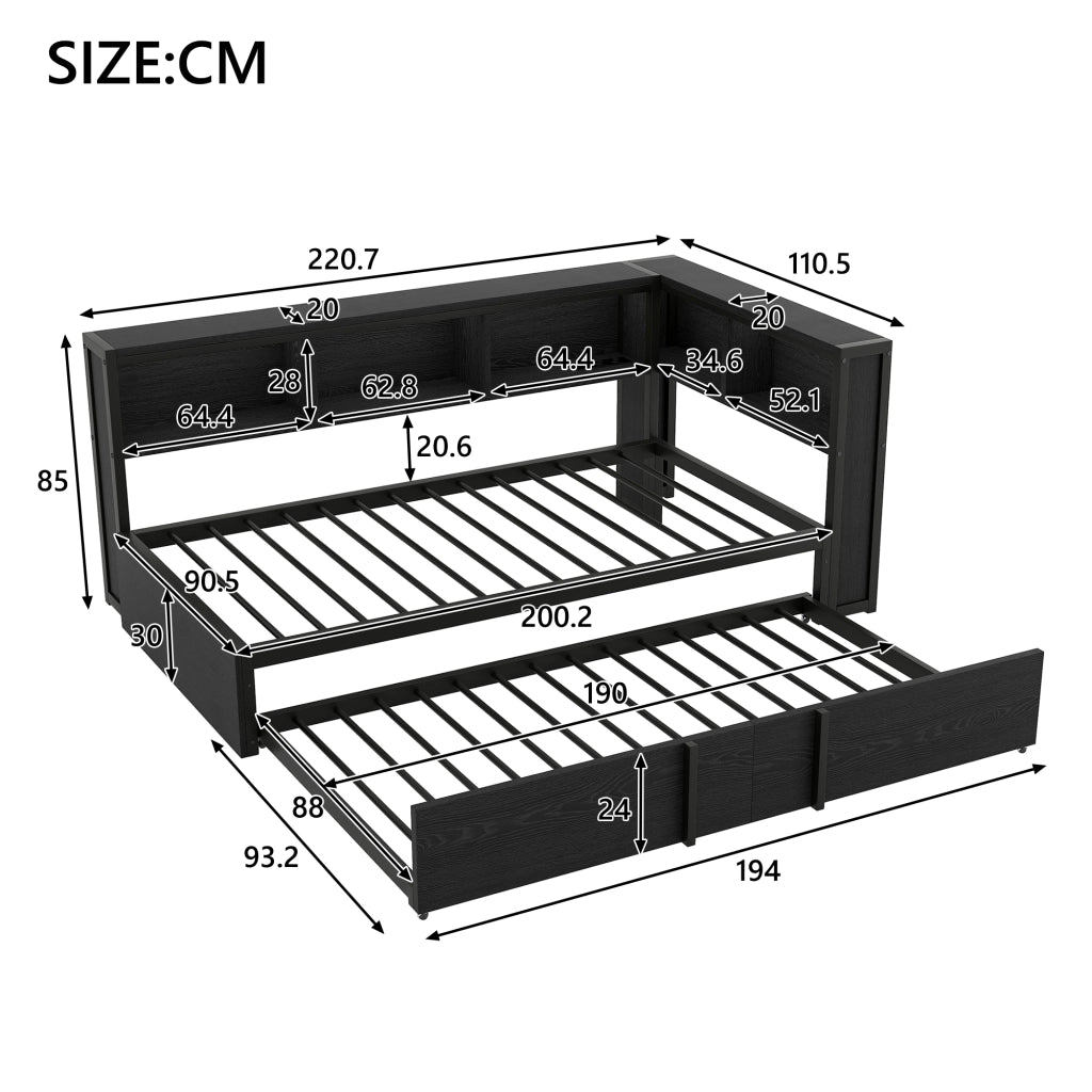 Letto divano singolo 90 × 200 cm con letto estraibile, 5 armadietti, LED regolabile e USB, senza materasso, nero