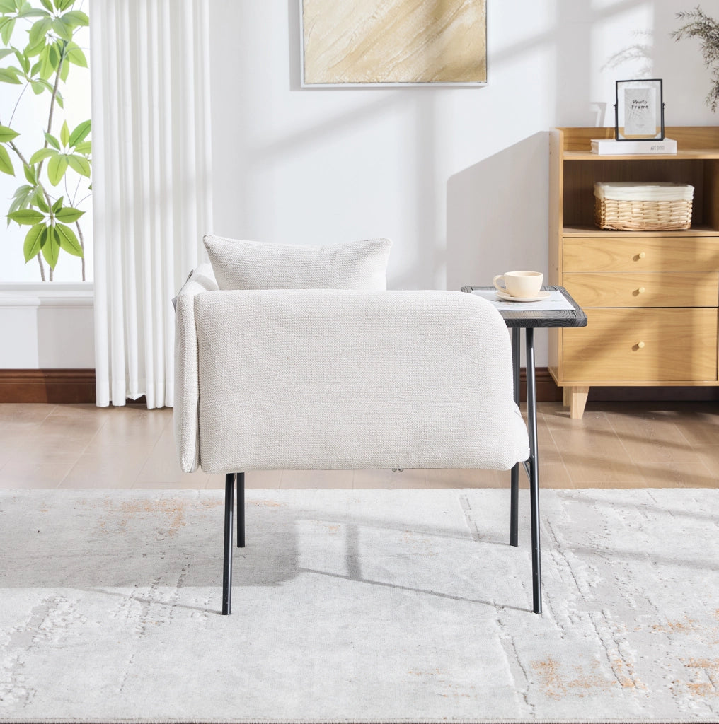 Poltrona in ciniglia beige con tavolino laterale e 2 tasche portaoggetti