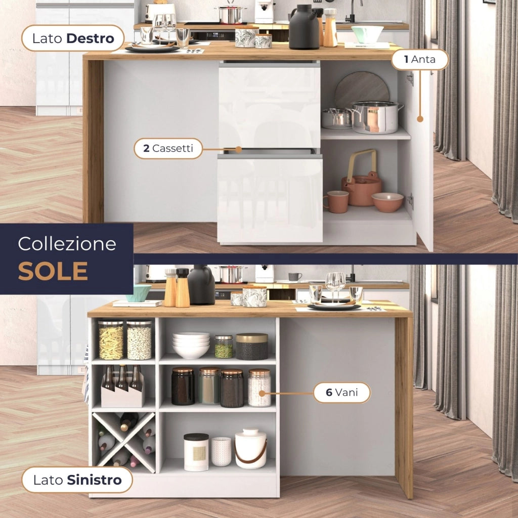 WHOUS Isola da cucina Sole con 1 anta 2 cassetti e 6 vani bianco lucido/rovere 153x90x91 cm