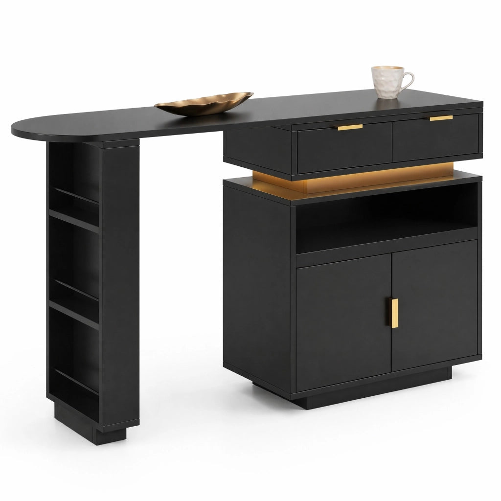Tavolo da bar allungabile con piano girevole e LED Bluetooth; 115-183x40x99;5 cm; MDF nero