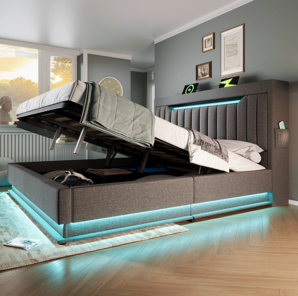 Letto matrimoniale 140x200 cm con materasso; LED; USB e Type-C; vano contenitore idraulico; grigio in lino