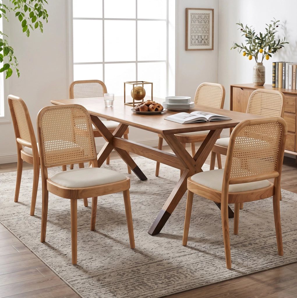 Set 4 sedie da pranzo in legno massello con schienale in rattan e seduta in lino; color legno HOMVRA