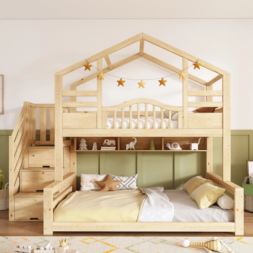 Letto a castello casa bambini 90x200 e 140x200 cm con scala contenitore in legno naturale HOMVRA