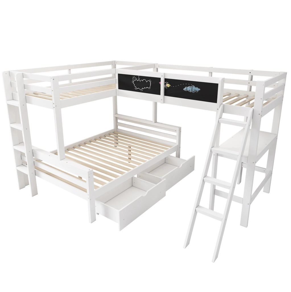 Letto a soppalco per 3 bambini con scrivania e cassetti, 140x200 e 90x200 cm, bianco e rovere