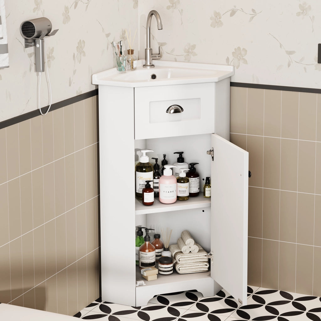Mobile sottolavabo bagno a pavimento con lavabo in ceramica e vano contenitore, MDF bianco, 59 × 42,5 × 90,5 cm
