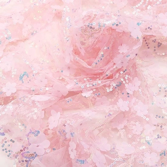 Tessuto a maglia 3D con fiori a pailletten, dimensioni 130 cm x 2 yard, stoffa di tule, decorazione per matrimoni, utilizzabile per la confezione del vestito da sposa, disponibile in 14 colori.