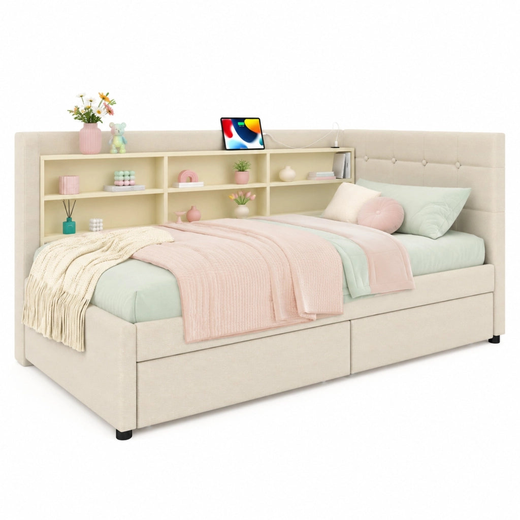Letto da giorno 90x200 cm con 2 cassetti, USB e USB-C in lino e MDF beige