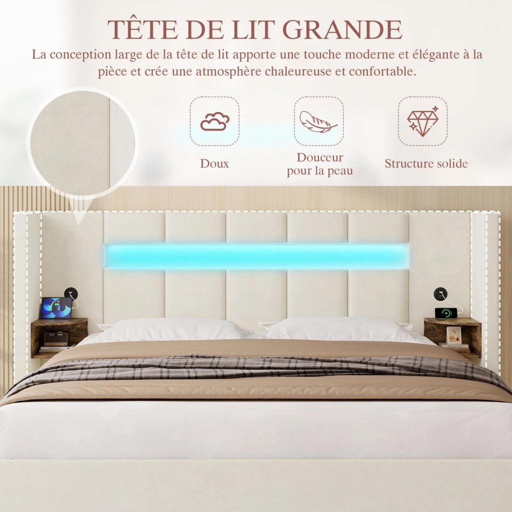 Letto con struttura in velluto 160x200 cm con testiera larga, doppi USB, armadietti retro, luci LED e grande contenitore sottostante con tessuto non tessuto