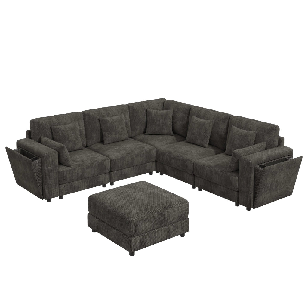 Divano modulare 6 posti a L o U con pouf; USB e tipo C; ciniglia; grigio