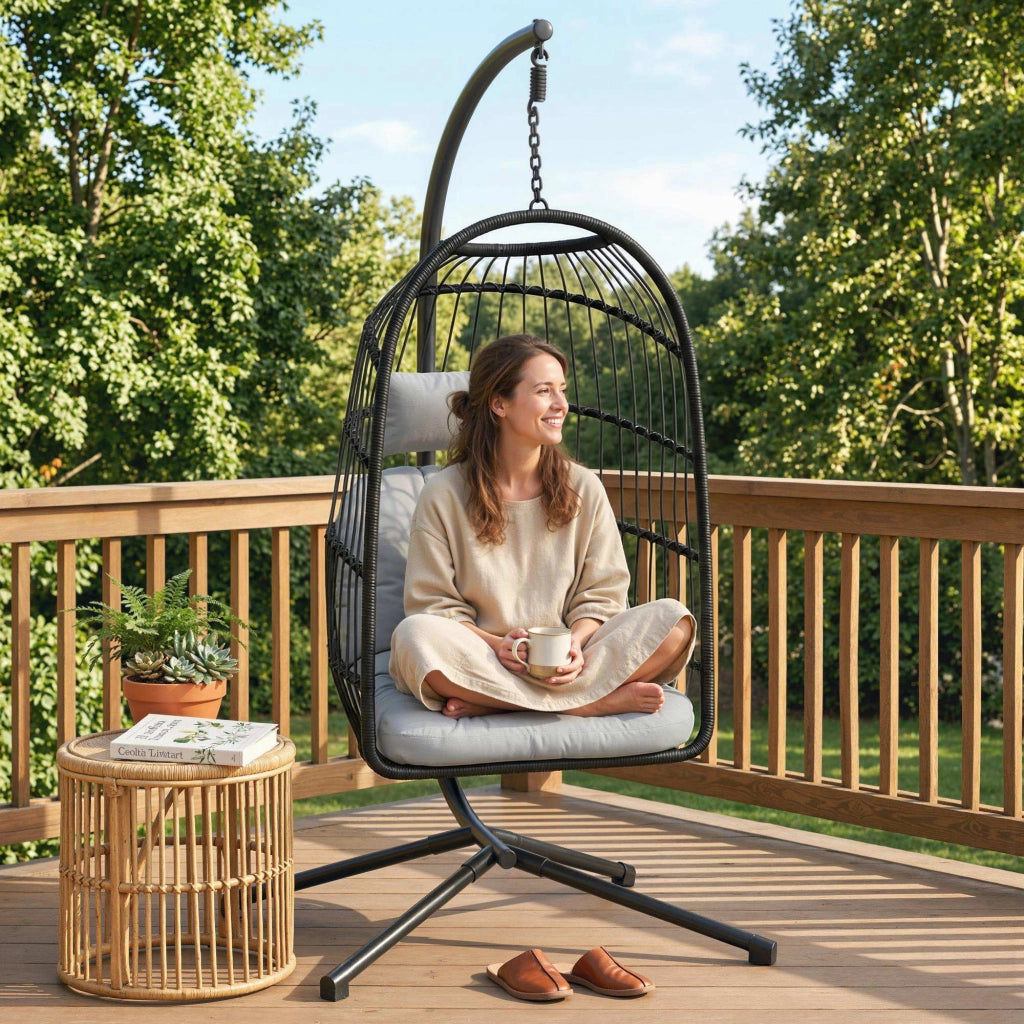 Sedia a Uovo Sospesa 105x101x196 cm con Supporto e Cinghia di Sicurezza in Metallo e Rattan PE Nero e Grigio Chiaro