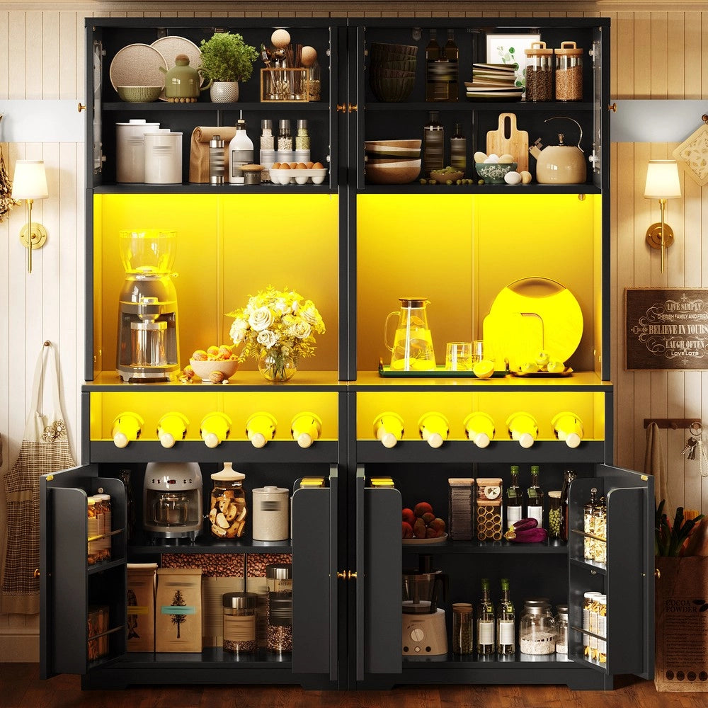 Set di 2 armadi alti ¨C Minimal ¨C nero, con ante in vetro, LED RGB, scaffale per vino, ripiani regolabili, 180cm