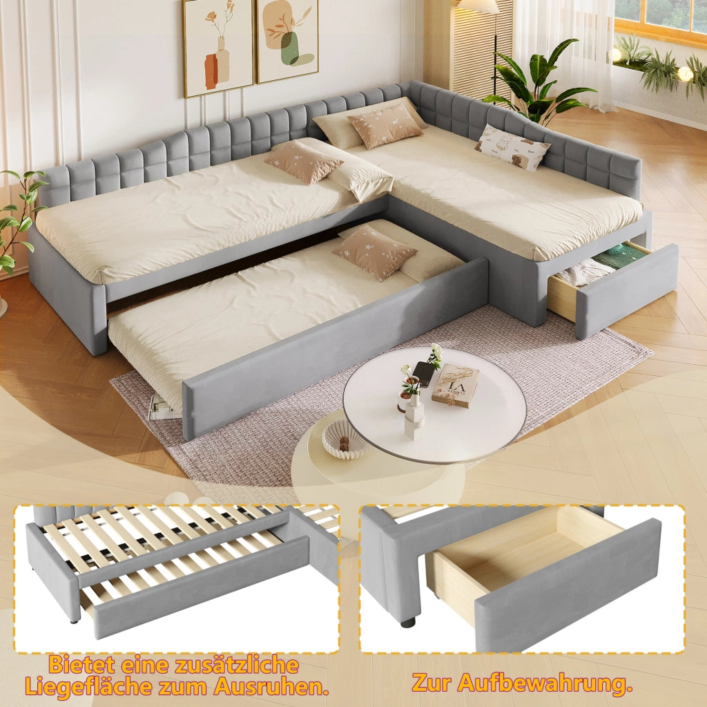 LETTO Imbottito a L 90x200 cm con Letto Estraibile e Cassetti Grigio