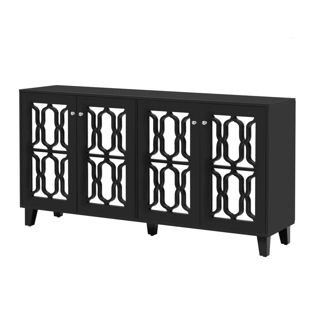 Madia nera effetto specchio con 4 ante; 2 ripiani regolabili; 160 x 40 x 84 cm
