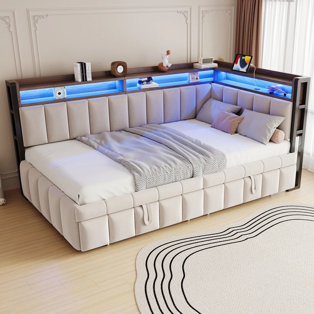 Letto estraibile 2 posti 90 x 200 e 90 x 190 cm con LED e USB/USB-C, divano letto in velluto beige con vani integrati