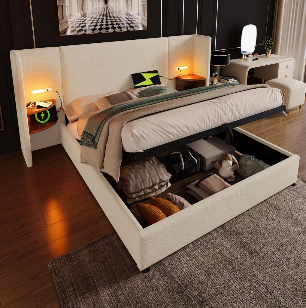 Letto matrimoniale 160x200 cm in lino beige con contenitore, LED e materasso