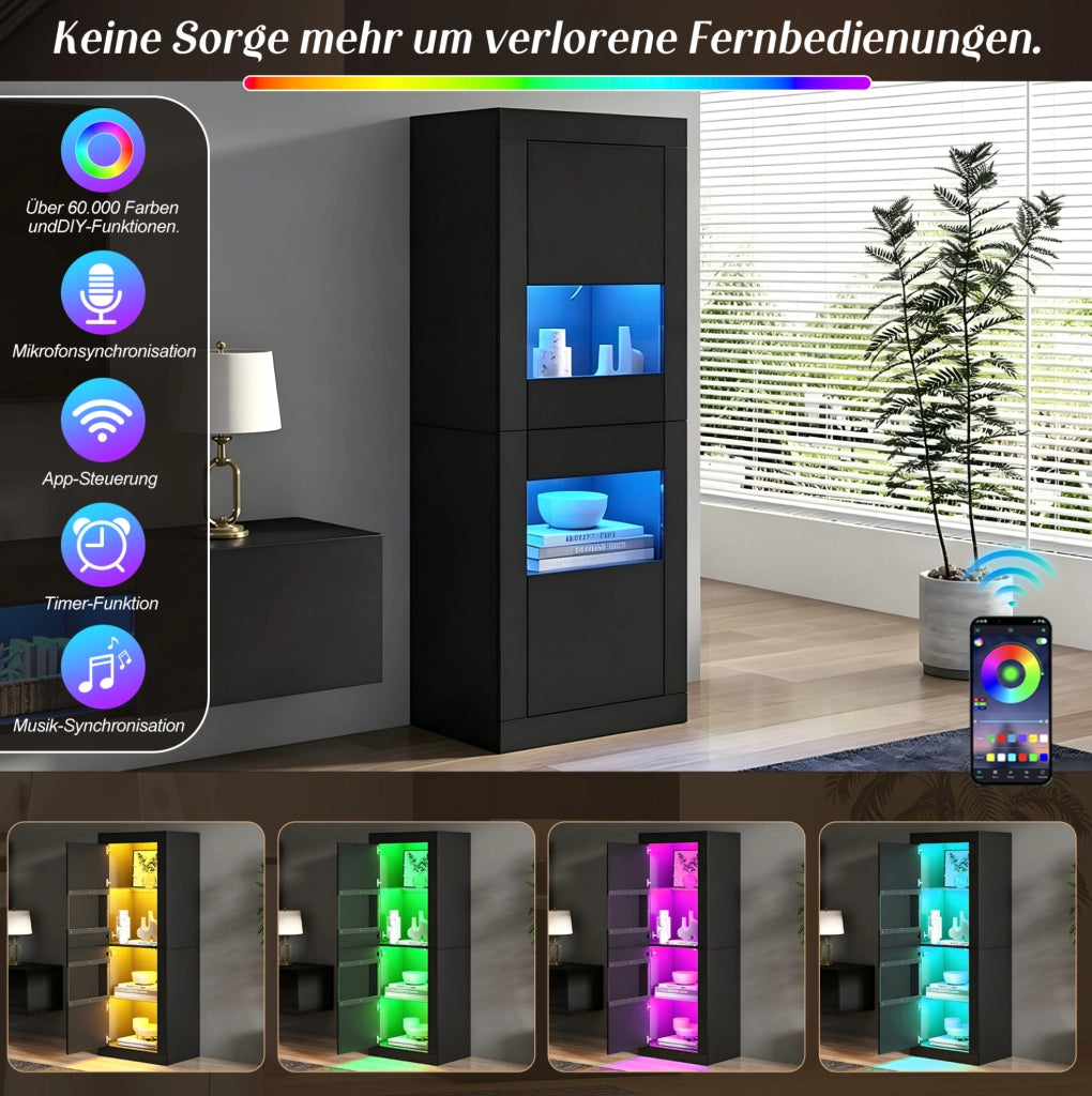 Vetrina nera con illuminazione LED e ripiani in vetro
