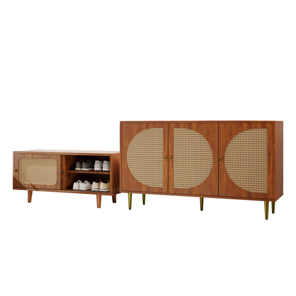 Set Mobiletto in Rattan per Soggiorno: Combinazione di Cassettiera e Scarpiera, Colore Noce