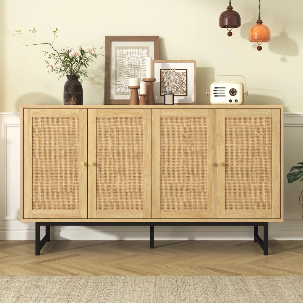 Sideboard 140x39,5x80 cm con intreccio in vero rattan, 4 ante