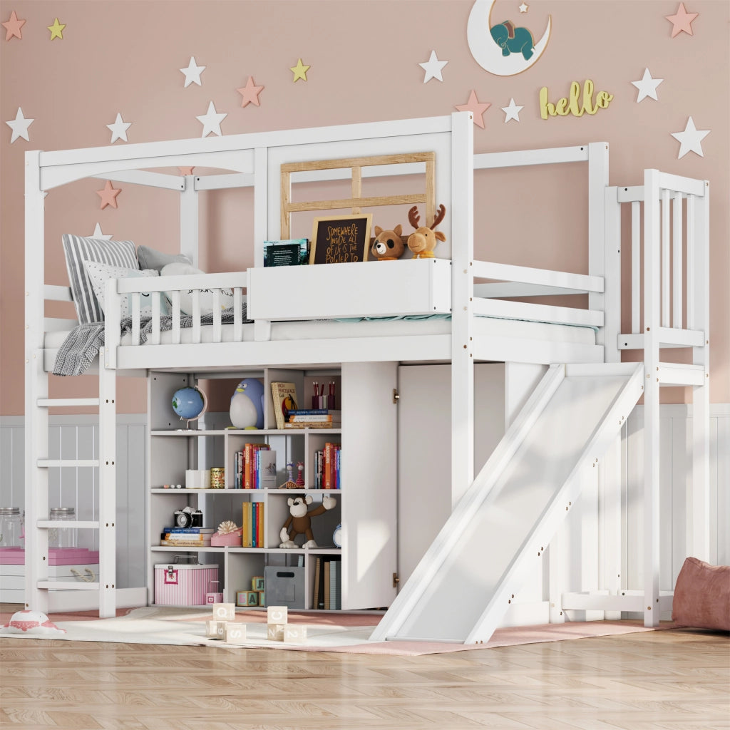 Letto a soppalco per bambini con scivolo; armadio e ripiani; in pino; MDF e compensato; bianco e naturale; 90x200 cm