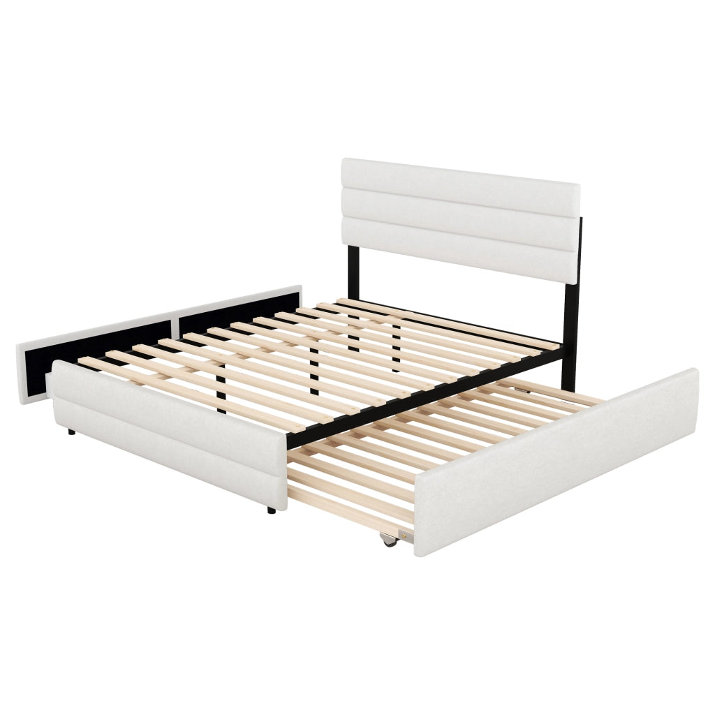 OKWISH Letto Estraibile 140×200 cm, Letto Matrimoniale con 2 Cassetti, Letto Supplementare 90×190 cm e Testiera Regolabile, senza Materasso, in Lino, Beige
