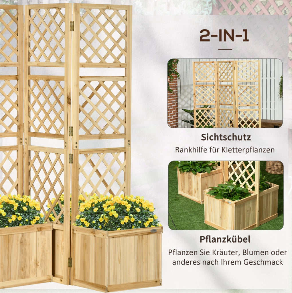 Paravento pieghevole con 4 fioriere in legno naturale, 133 x 165 cm, protezione visiva per giardino e terrazza