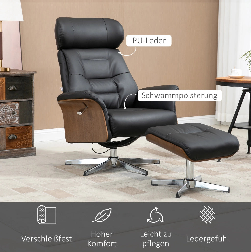 Poltrona Relax con Poggiapiedi, Funzione Letto e Rotazione 360°, Rivestimento in Ecopelle Nera