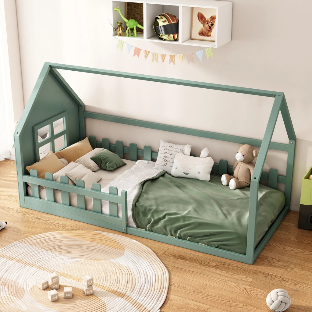 Letto a casetta 90 × 200 cm con 7 doghe struttura bassa in legno e MDF verde per cameretta