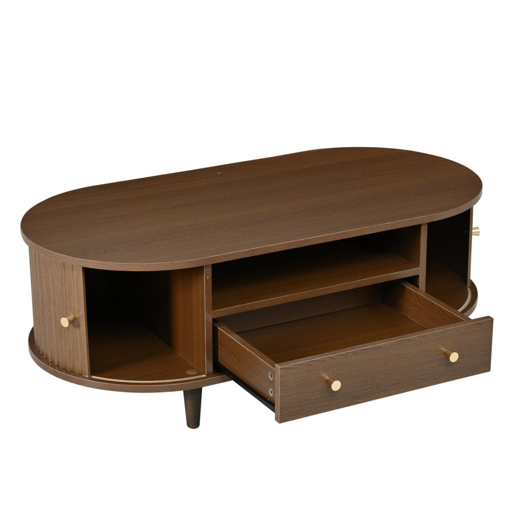 Tavolino da caffè ovale 100x50x36 cm in MDF color noce con 1 cassetto e anta a rullo