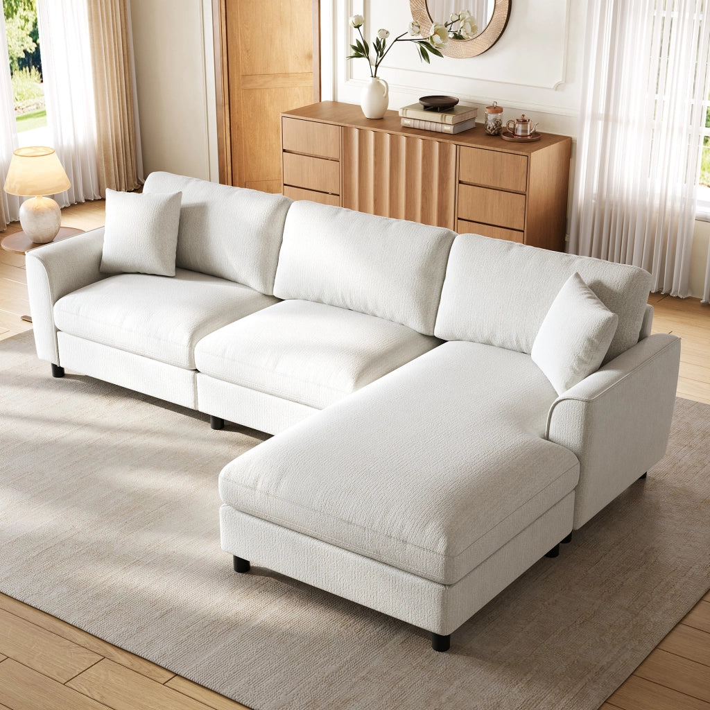 Divano angolare beige a 3 posti con chaise longue reversibile 90 cm in ciniglia
