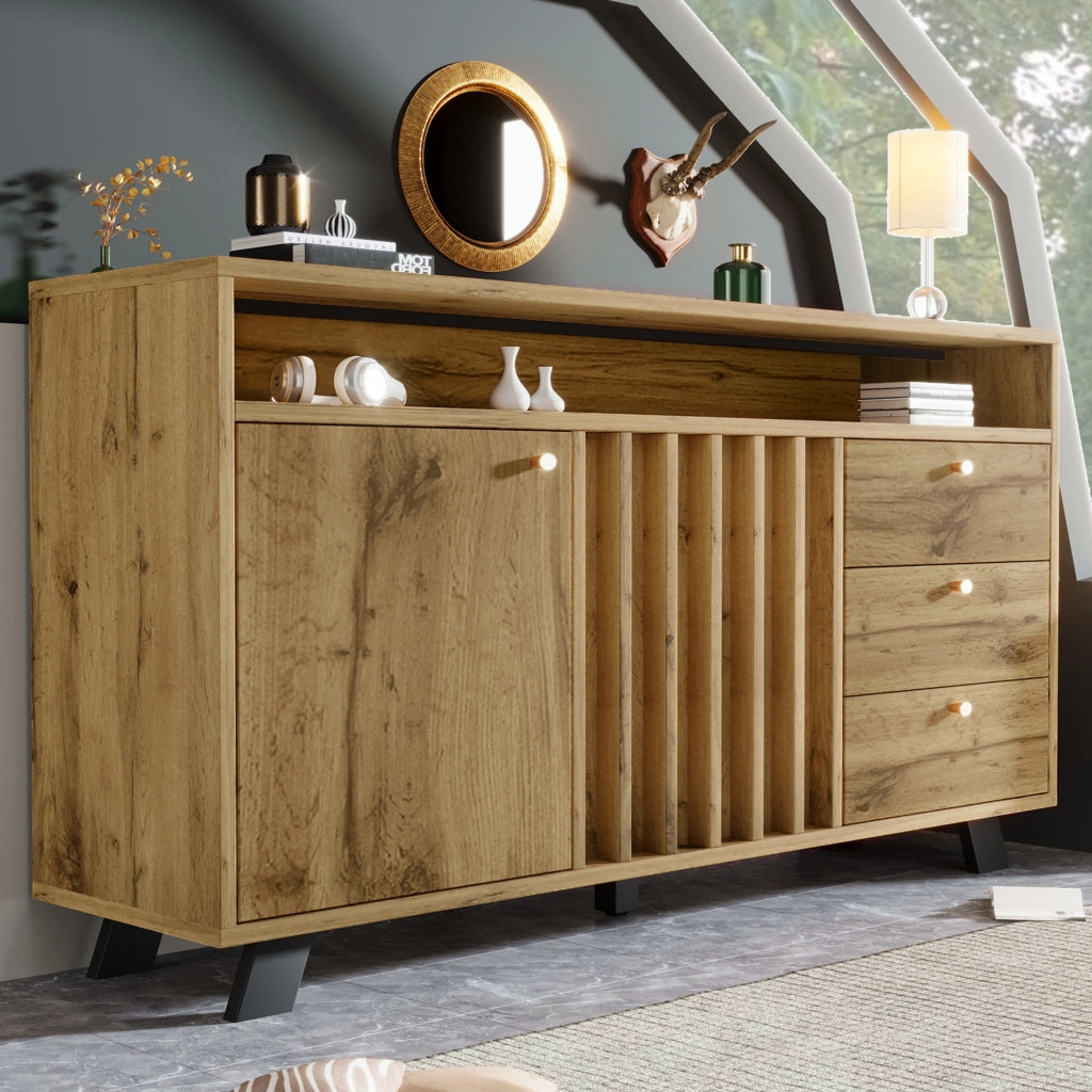 Credenza vintage con 3 cassetti; 2 ante e vano aperto 120x40x85 cm; rovere scuro