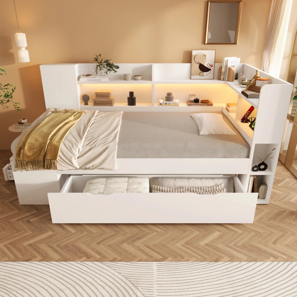 Letto con cassetti 90 × 200 cm con LED; USB e Tipo-C; mensole; rete a doghe e cassetto su ruote bianco