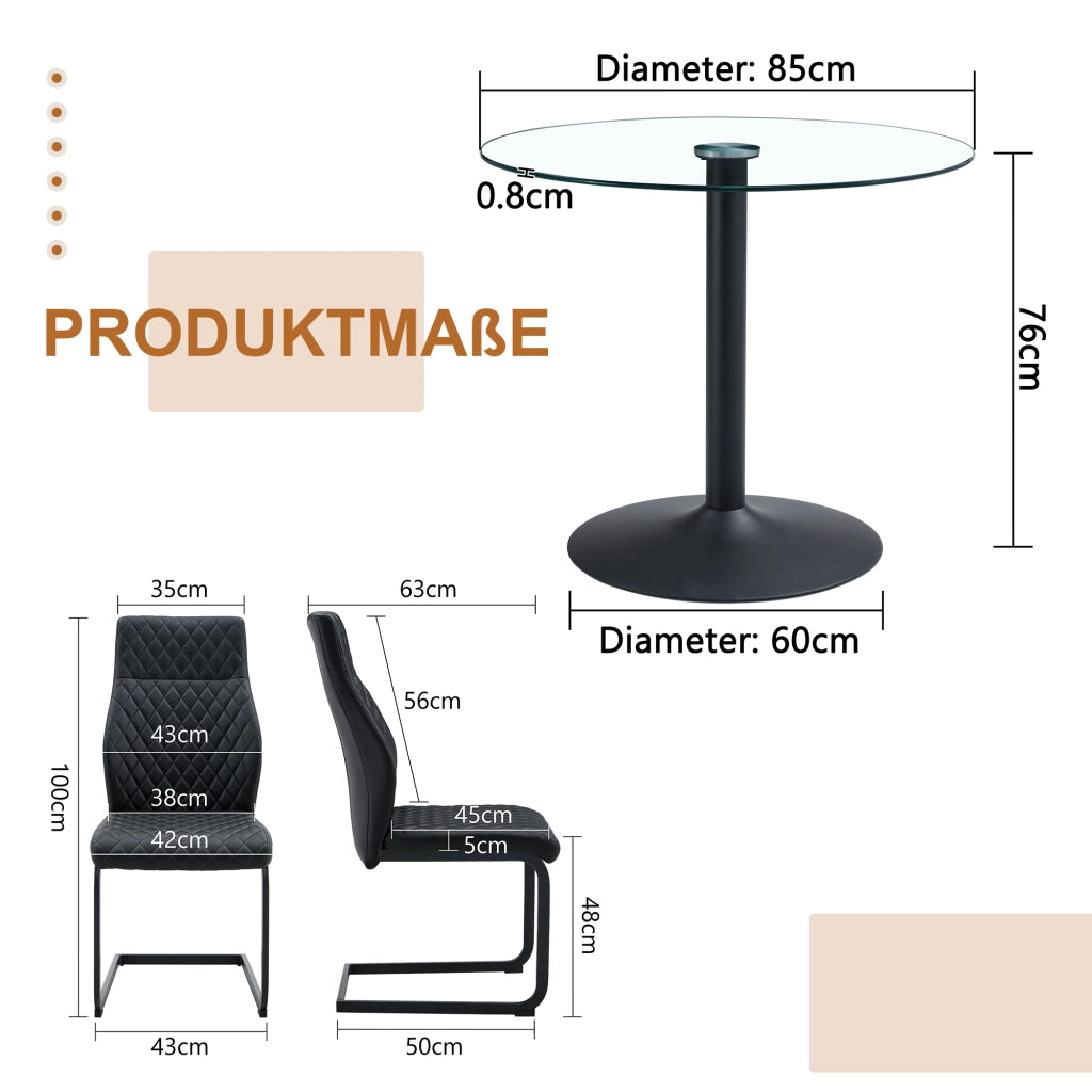 Set tavolo da pranzo rotondo in vetro temperato con 2 sedie nere in similpelle