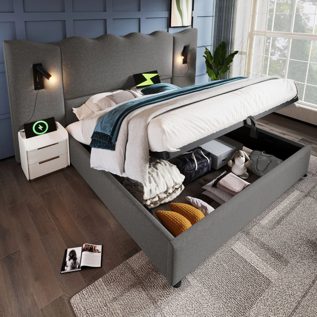 Letto Matrimoniale 180x200 cm Imbottito Contenitore con USB-C; Lino; Grigio