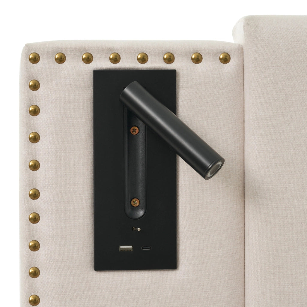 Letto matrimoniale imbottito beige 180x200 cm con contenitore, luce da lettura USB e struttura in cotone