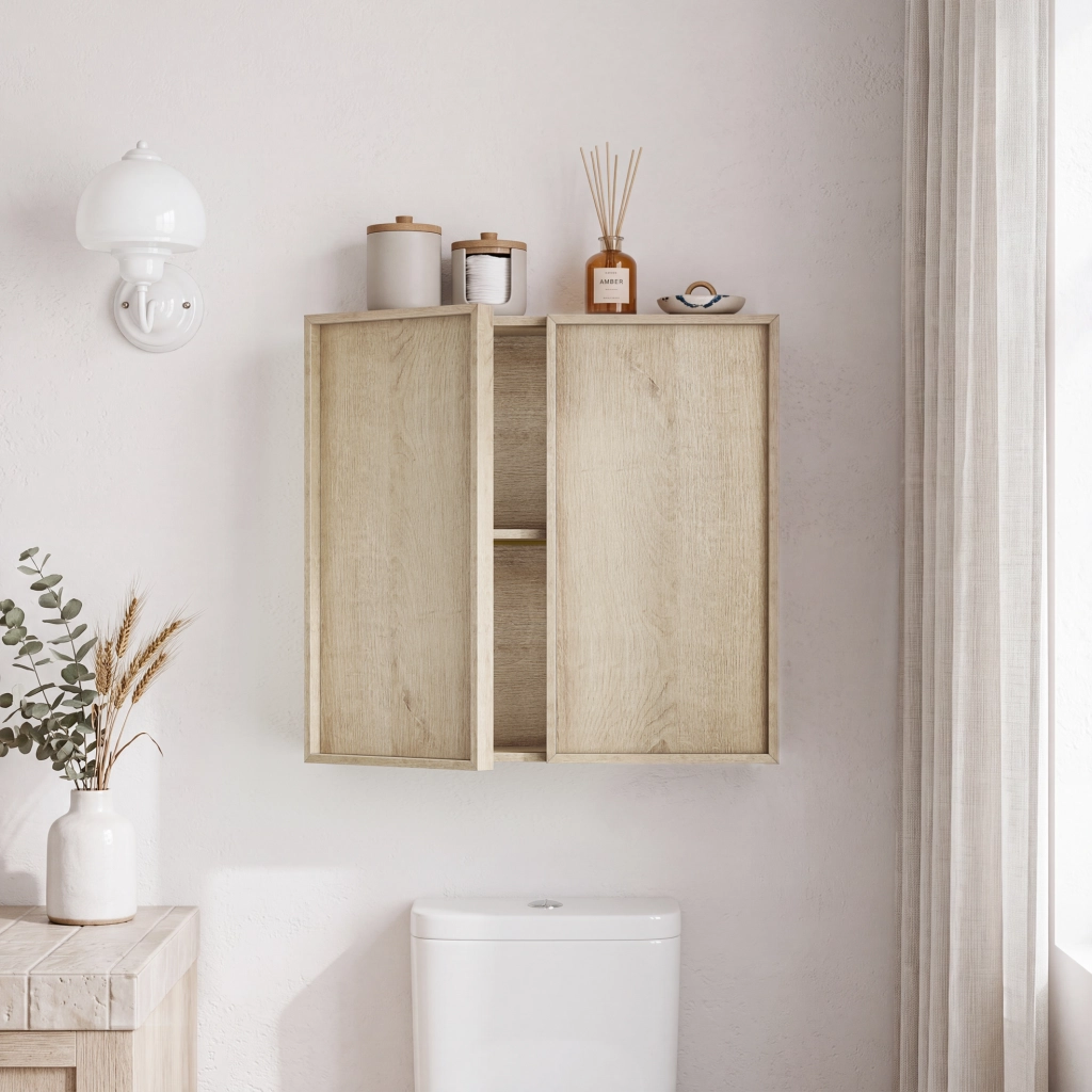 Mobiletto da bagno sospeso con doppia anta senza maniglie in effetto rovere, 60x22x58 cm