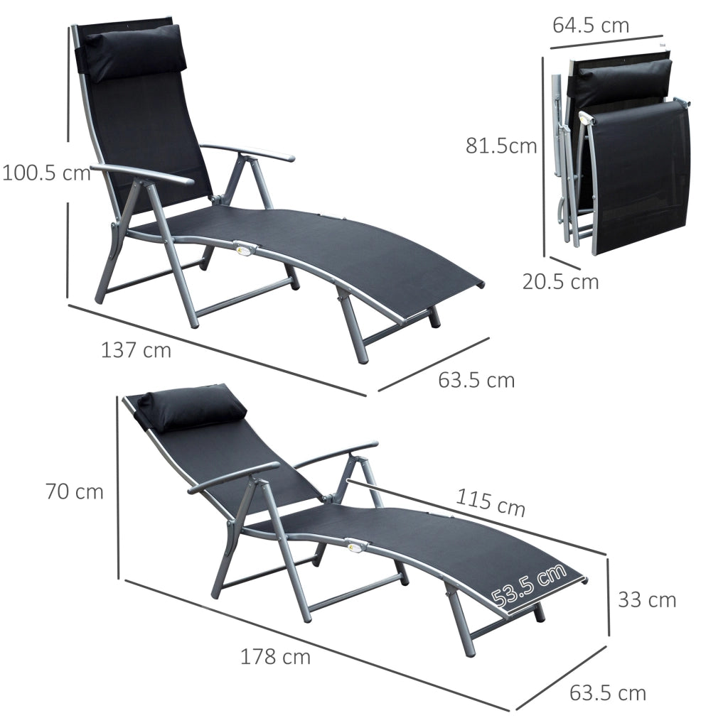 Lettino prendisole pieghevole in metallo e tessuto nero 137x63,5x100,5 cm per giardino, terrazza e spiaggia con cuscino