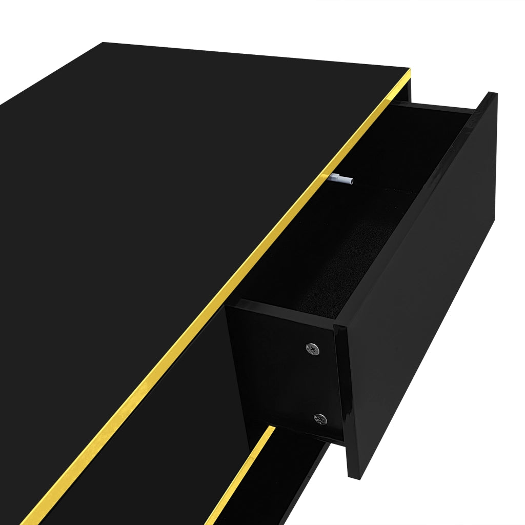 Tavolino da salotto LED con 3 cassetti e vano aperto, finitura lucida con decori dorati, nero, 100 × 50 × 40 cm